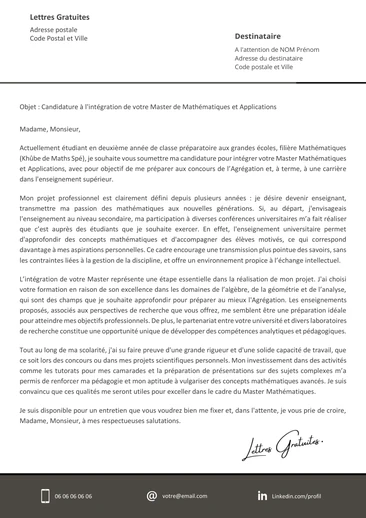 Une lettre de motivation pour un Master Mathématiques