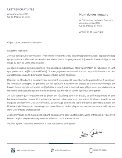 Une lettre de recommandation pour un stagiaire