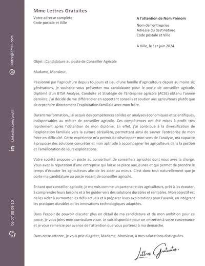 Une lettre de motivation d'un conseiller agricole