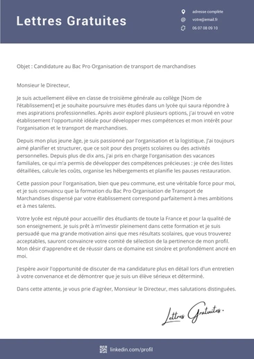 Une lettre de motivation pour le Bac Pro Transport