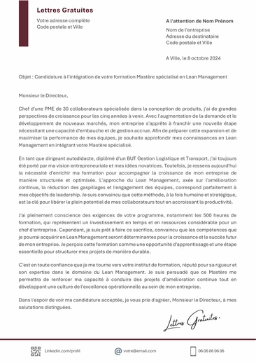 Une lettre de motivation pour un Mastère Lean Management