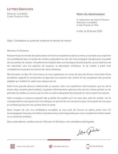 Une lettre de motivation d'un employé de magasin de décoration