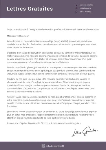 Une lettre de motivation pour le Bac Pro Technicien Conseil Vente