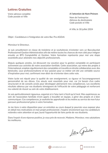 Une lettre de motivation pour le Bac Pro AGORA