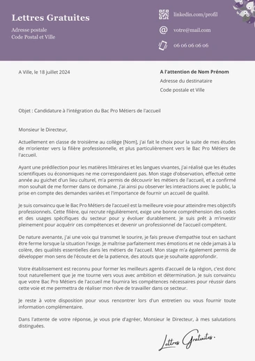 Une lettre de motivation pour le Bac Pro Métiers de l'accueil