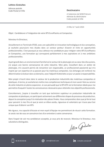 Une lettre de motivation pour le BTS EuroPlastics et Composites