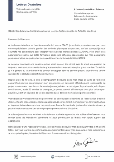 Une lettre de motivation pour la Licence Pro Gestion des Activités Sporti