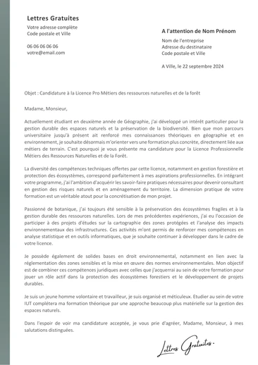 Une lettre de motivation pour la Licence Pro Ressources Naturelles et Forêt