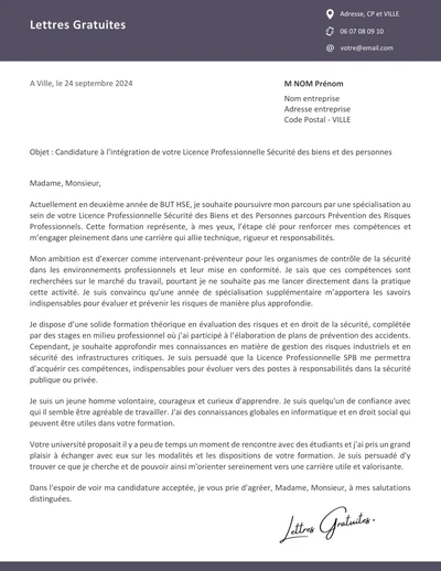 Une lettre de motivation pour la Licence Pro Sécurité des Biens et