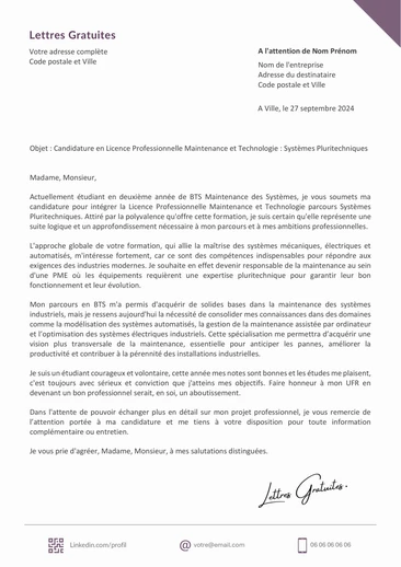 Une lettre de motivation pour la Licence Pro MT : Systèmes Pluritechnique