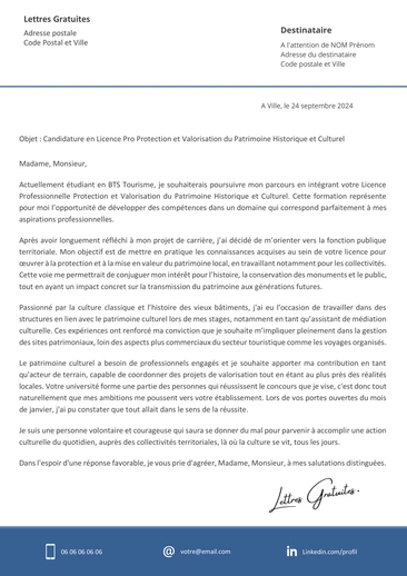 Une lettre de motivation pour la Licence Pro Protection et Valorisation du Patri