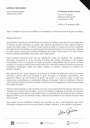 Une lettre de motivation pour la Licence Pro Métiers de l'Energéti