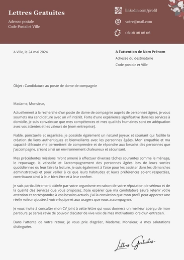 Une lettre de motivation d'une dame de compagnie