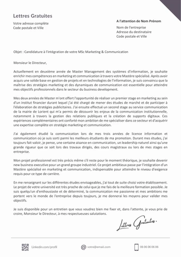 Une lettre de motivation pour un Mastère spé Marketing et communication