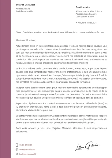 Une lettre de motivation pour le Bac Pro Métiers de la couture