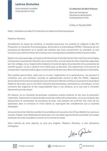 Une lettre de motivation pour le Bac Pro PIPAC