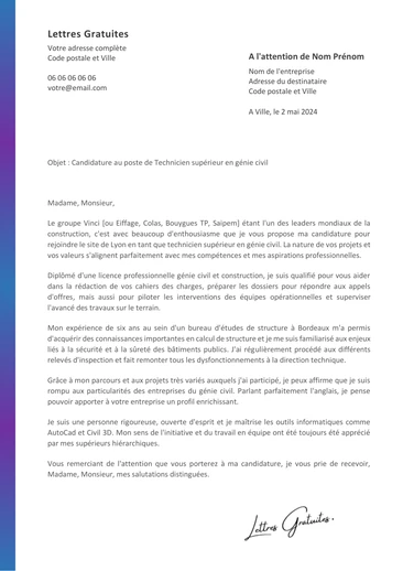 Une lettre de motivation d'un technicien en génie civil