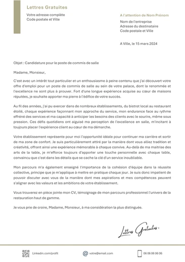 Une lettre de motivation d'un commis de salle