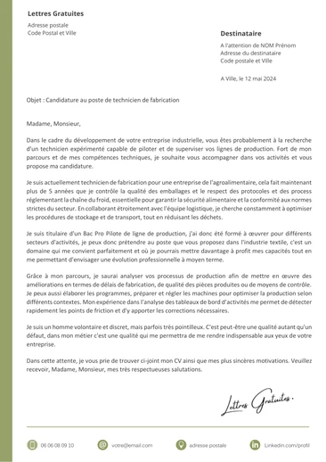 Une lettre de motivation d'un technicien de production