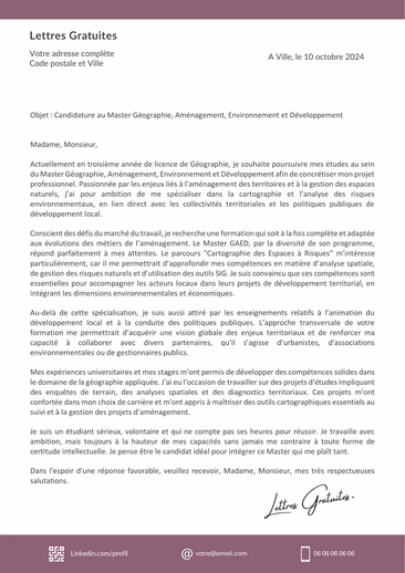 Une lettre de motivation pour un Master Géographie et Aménagement