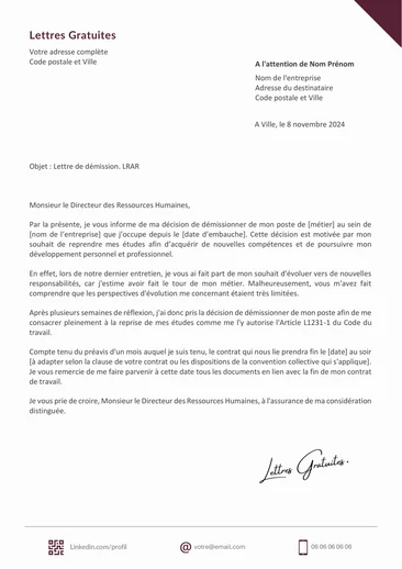 Une lettre de démission pour reprendre ses études