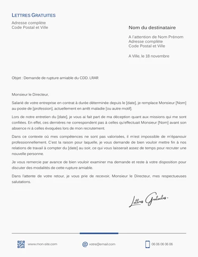 Une lettre de demande de rupture anticipée d'un CDD