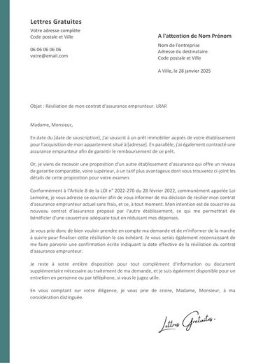 Une lettre de résiliation de l'assurance emprunteur d'un prêt immob