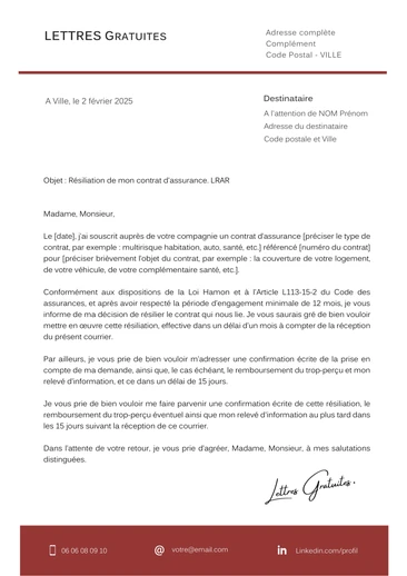 Une lettre de résiliation d'un contrat d'assurance Loi Hamon