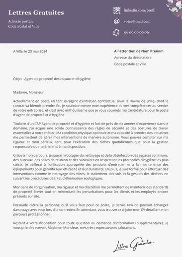 Une lettre de motivation d'un agent de propreté et d'hygiène