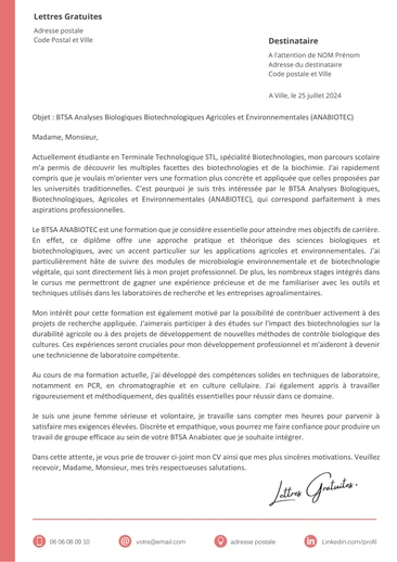 Une lettre de motivation pour le BTS ANABIOTEC