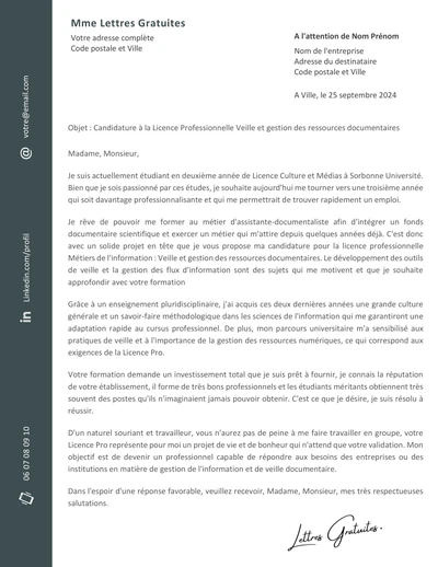 Une lettre de motivation pour la Licence Pro Métiers de l'Information