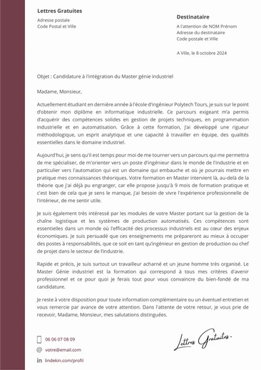 Une lettre de motivation pour un Master Génie Industriel