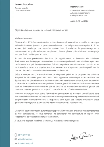 Une lettre de motivation d'un technicien itinérant