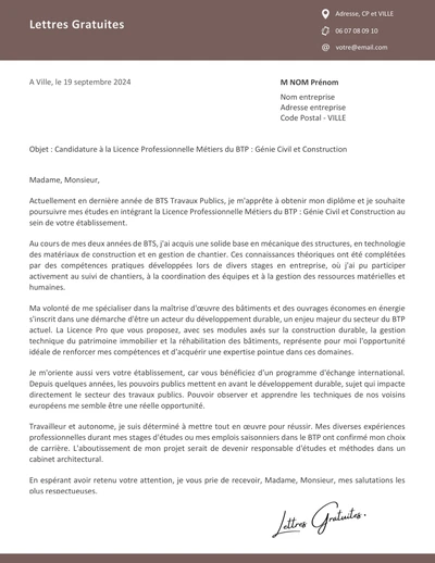 Une lettre de motivation pour la Licence Pro Génie civil et BTP