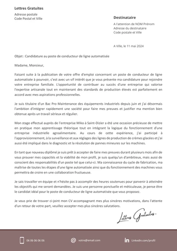 Une lettre de motivation d'un conducteur de ligne de production