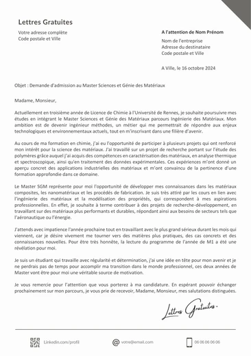 Une lettre de motivation pour un Master Sciences et Génie des Matériaux