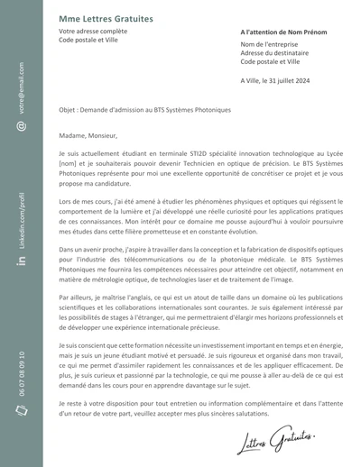 Une lettre de motivation pour le BTS Systèmes Photoniques