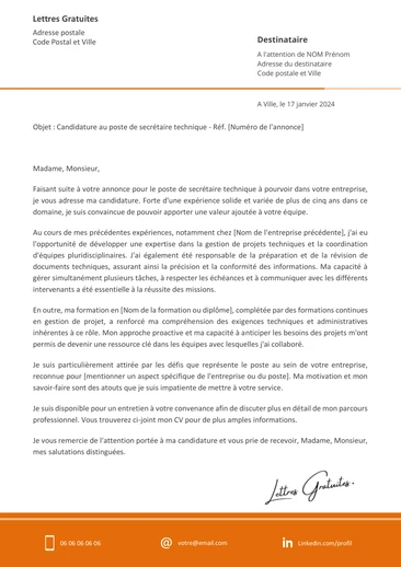 Une lettre de motivation d'un secrétaire technique et administratif