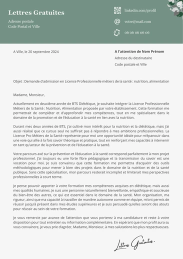 Une lettre de motivation pour la Licence Pro Métiers de la Santé