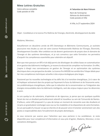 Une lettre de motivation pour la Licence Pro Energie Electricité (MEEDD)