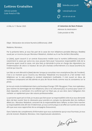 Une lettre de déclaration d'une casse accidentelle d'un tél&ea