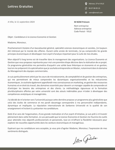 Une lettre de motivation pour la Licence Economie et Gestion