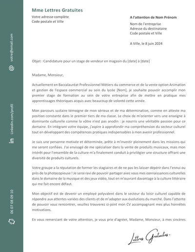 Une lettre de motivation d'une demande de stage dans la vente