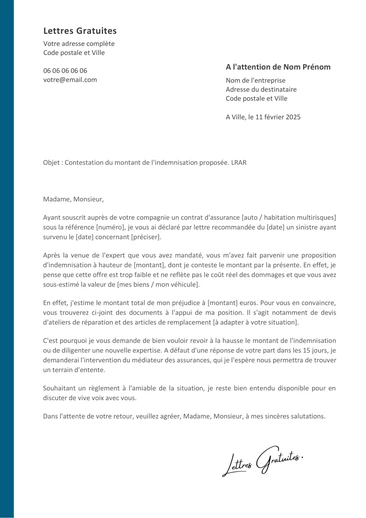 Une lettre de contestation d'une proposition indemnisation de l'assurance