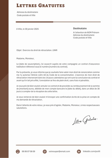 Une lettre de rétractation d'une assurance