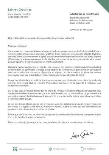 Une lettre de motivation d'un Inspecteur de nettoyage et propreté