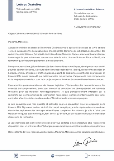 Une lettre de motivation pour la Licence Sciences Pour la Santé