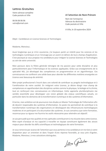 Une lettre de motivation pour la Licence Sciences et Technologies