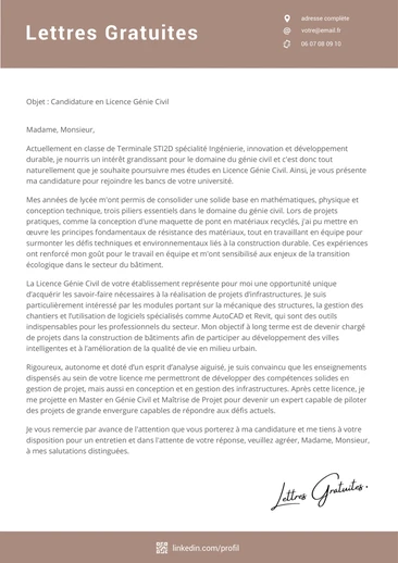 Une lettre de motivation pour la Licence Génie Civil