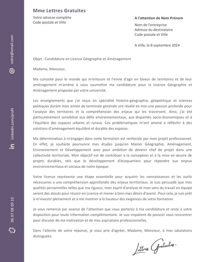 Une lettre de motivation pour la Licence Géographie et Aménagement